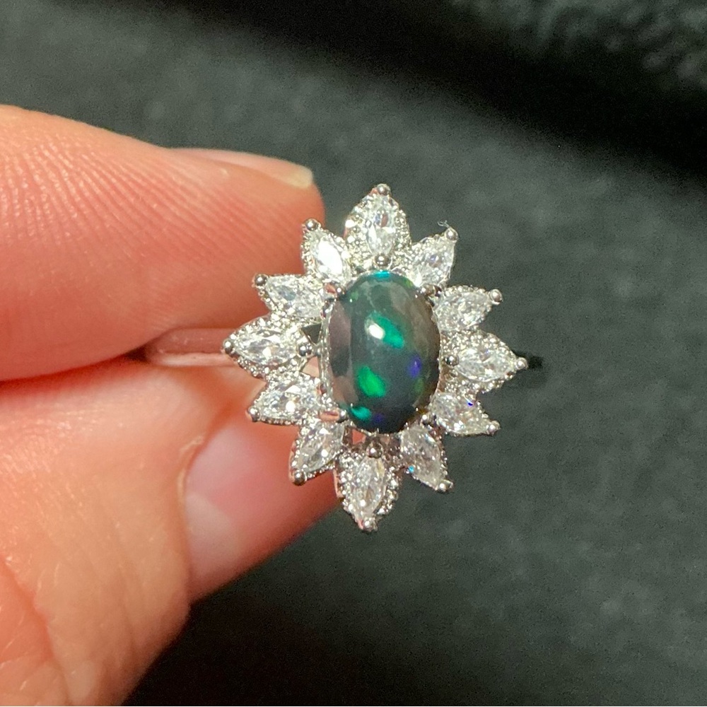 Natural Black Fire Opal Ring Cubic Zirconia Halo Crystals Adjustable Sterling